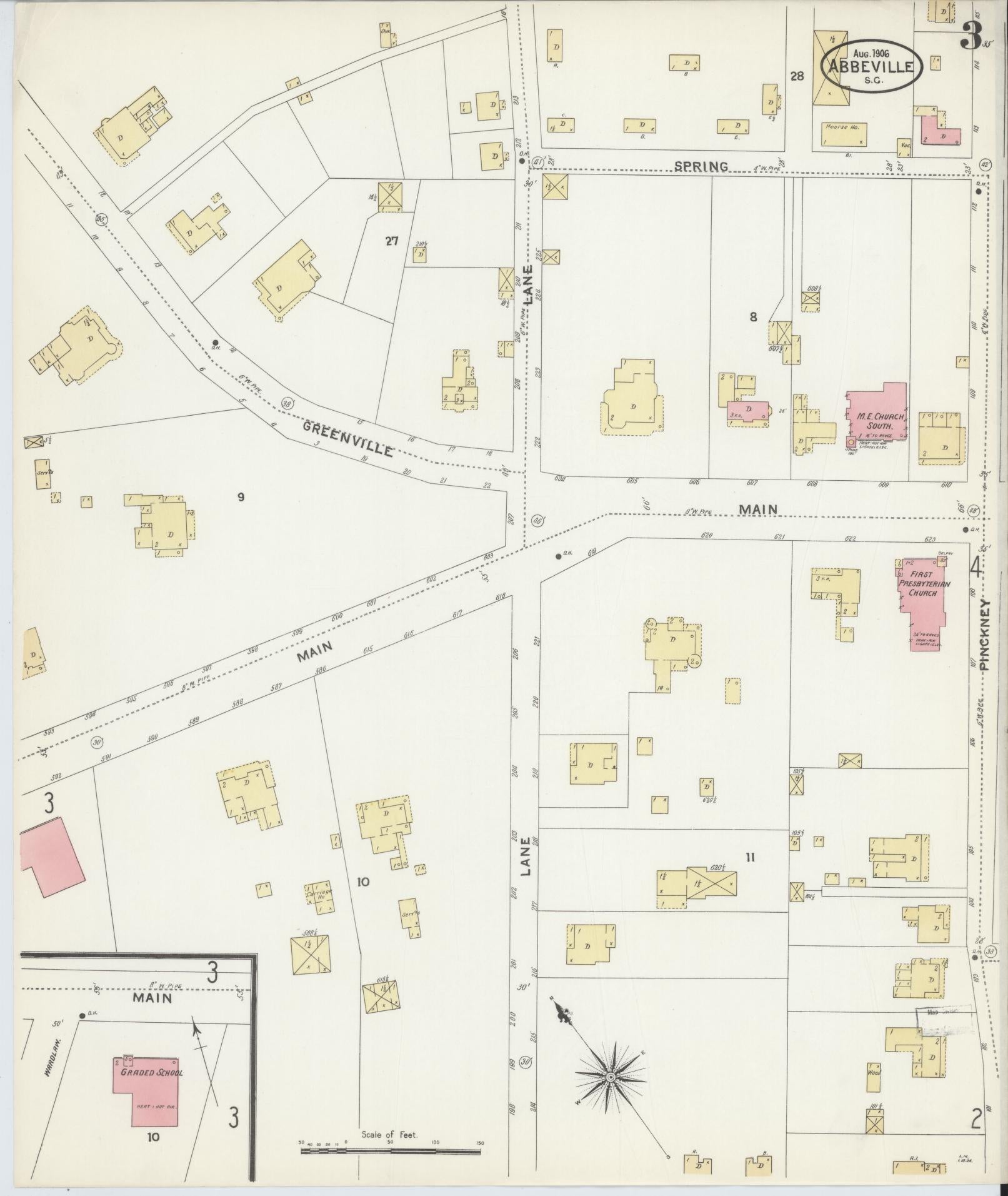 Sanborn Fire Insurance Map from Abbeville, Abbeville County, South Carolina (1906), Sheet #0003 - Complete Map Set gallery image, historic Sanborn map, vintage wall art, South Carolina South Carolina