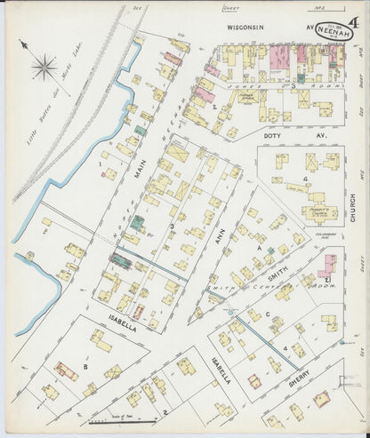 Sanborn Fire Insurance Map from Neenah, Winnebago County, Wisconsin (1891), Sheet #0004 - Historic Sanborn Fire Insurance Map Print, vintage old map wall art, antique decor, genealogy gift, Wisconsin Wisconsin map