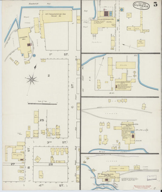 Sanborn Fire Insurance Map from Eureka, Humboldt County, California (1886), Sheet #0005 - Historic Sanborn Fire Insurance Map Print, vintage old map wall art, antique decor, genealogy gift, California California map