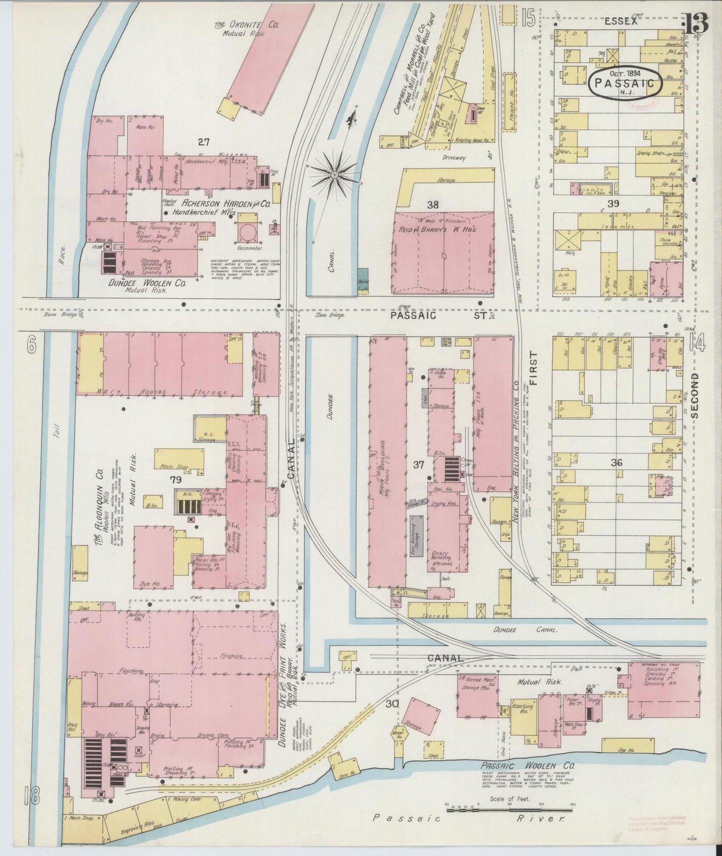 Sanborn Fire Insurance Map from Passaic, Passaic County, New Jersey (1894), Sheet #0013 - Historic Sanborn Fire Insurance Map Print, vintage old map wall art, antique decor, genealogy gift, New Jersey New Jersey map