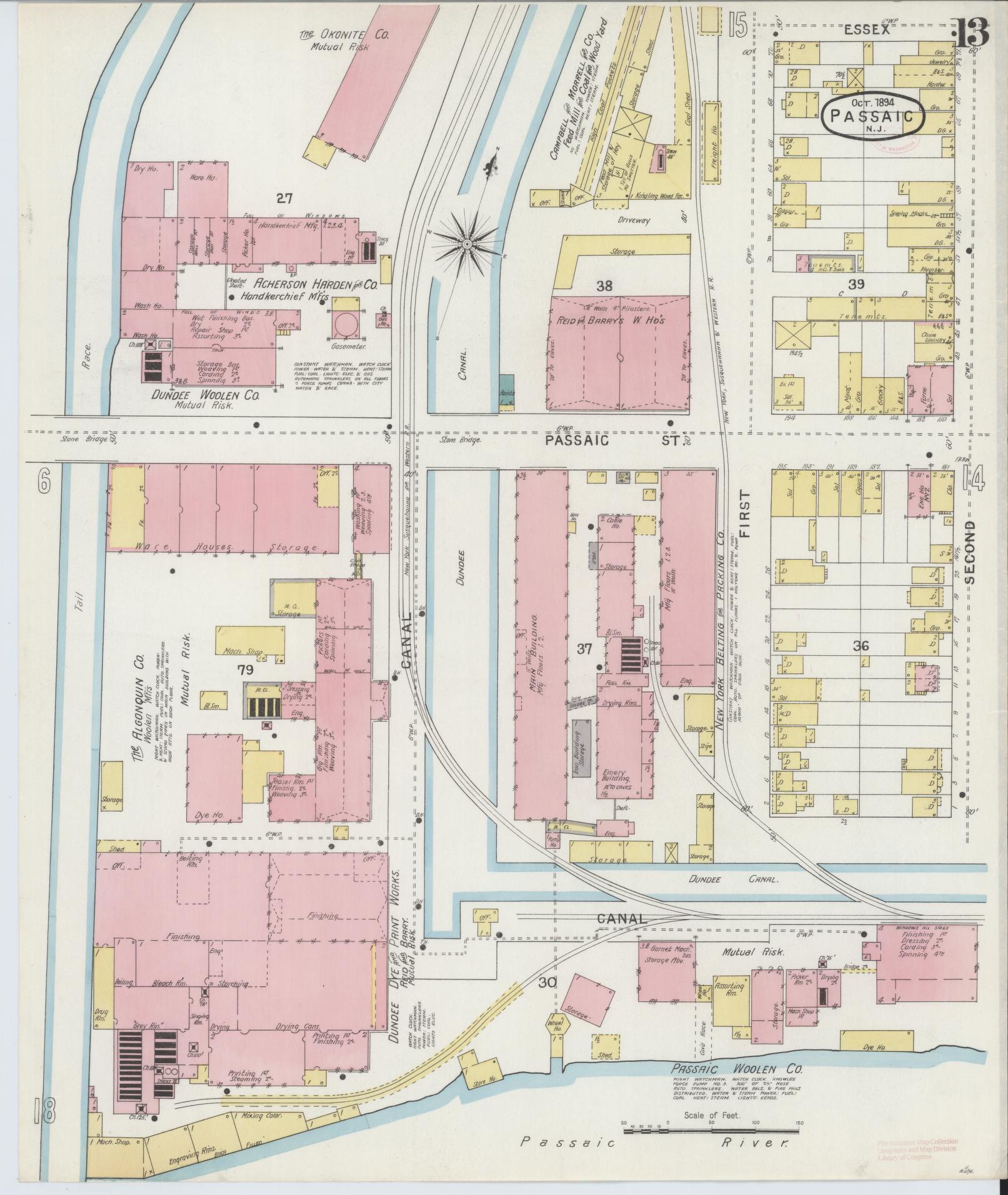 Sanborn Fire Insurance Map from Passaic, Passaic County, New Jersey (1894), Sheet #0013 - Historic Sanborn Fire Insurance Map Print, vintage old map wall art, antique decor, genealogy gift, New Jersey New Jersey map