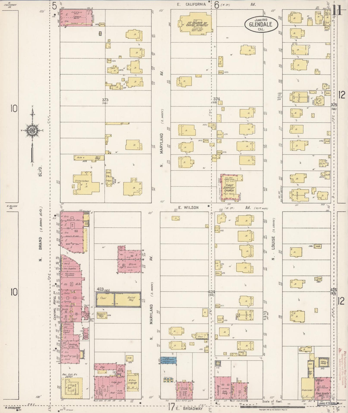 Sanborn Fire Insurance Map from Glendale, Los Angeles County, California (1919), Sheet #0011 - Complete Map Set gallery image, historic Sanborn map, vintage wall art, California California