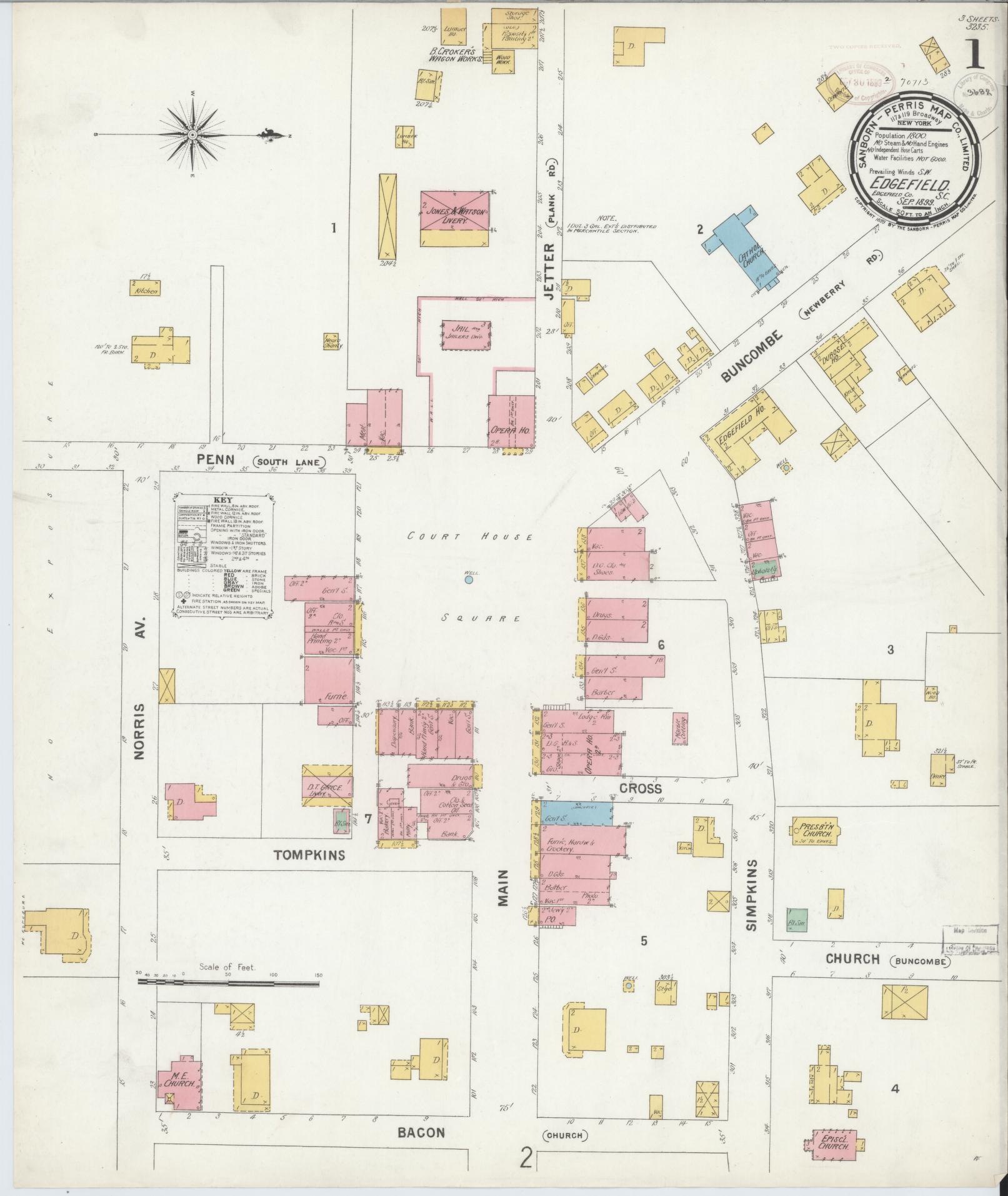 Sanborn Fire Insurance Map from Edgefield, Edgefield County, South Carolina (1899), Sheet #0001 - Historic Sanborn Fire Insurance Map Print, vintage old map wall art, antique decor, genealogy gift, South Carolina South Carolina map