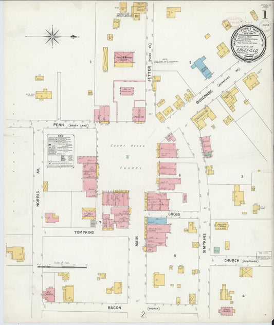 Sanborn Fire Insurance Map from Edgefield, Edgefield County, South Carolina (1899), Sheet #0001 - Historic Sanborn Fire Insurance Map Print, vintage old map wall art, antique decor, genealogy gift, South Carolina South Carolina map