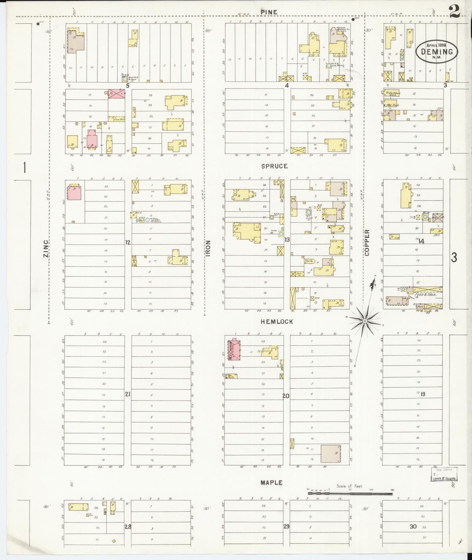 Sanborn Fire Insurance Map from Deming, Luna County, New Mexico (1898), Sheet #0002 - Historic Sanborn Fire Insurance Map Print, vintage old map wall art, antique decor, genealogy gift, New Mexico New Mexico map