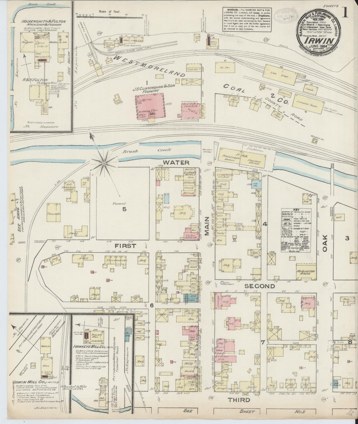 Sanborn Fire Insurance Map from Irwin, Westmoreland County, Pennsylvania (1884), Sheet #0001 - Historic Sanborn Fire Insurance Map Print, vintage old map wall art, antique decor, genealogy gift, Pennsylvania Pennsylvania map