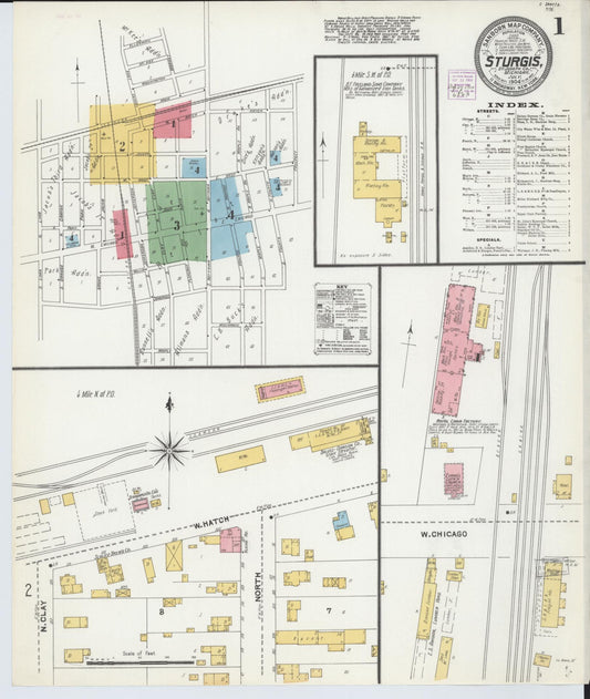 Sanborn Fire Insurance Map from Sturgis, Saint Joseph County, Michigan (1904), Sheet #0001 - Historic Sanborn Fire Insurance Map Print, vintage old map wall art, antique decor, genealogy gift, Michigan Michigan map
