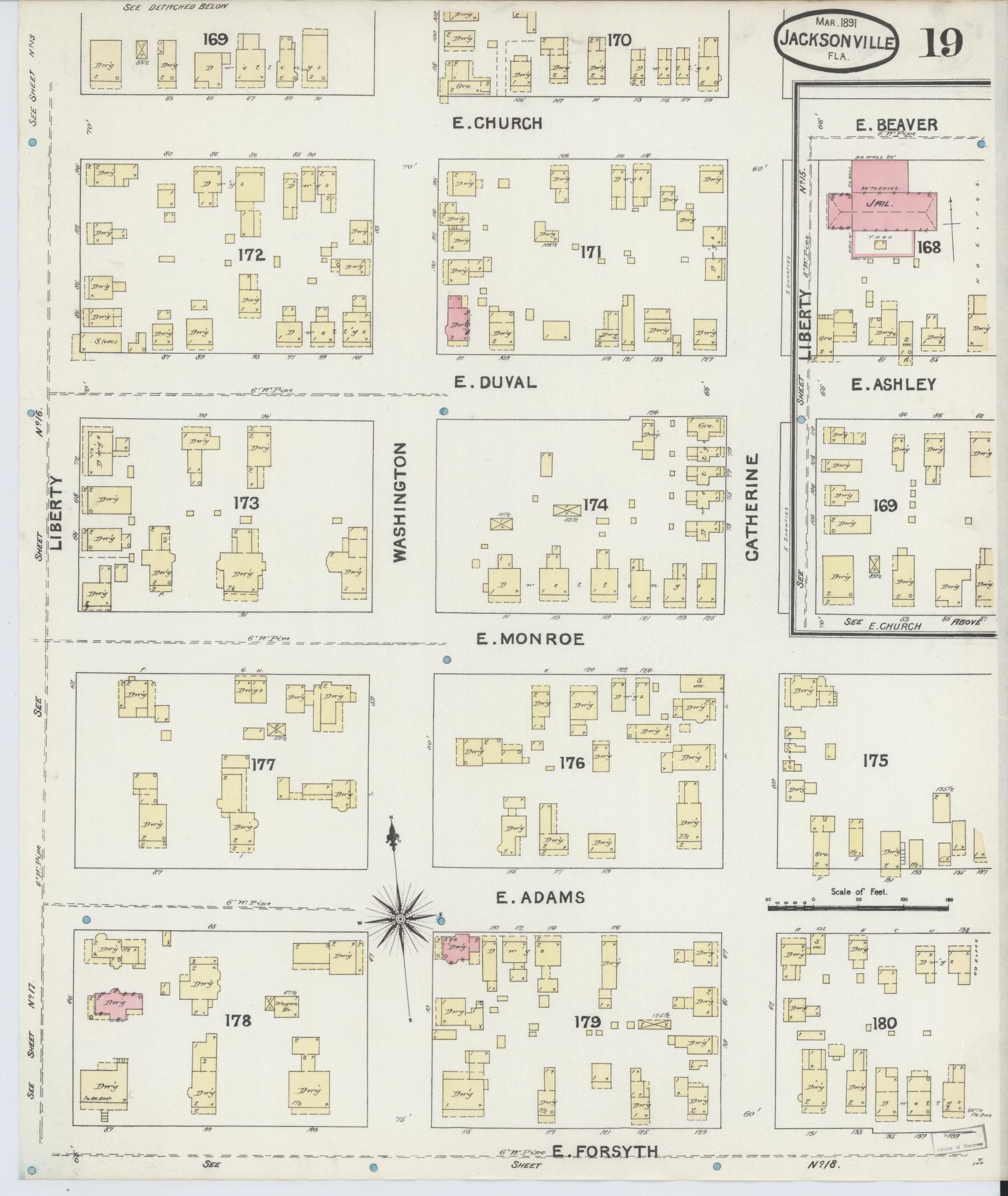 Sanborn Fire Insurance Map from Jacksonville, Duval County, Florida (1891), Sheet #0019 - Complete Map Set gallery image, historic Sanborn map, vintage wall art, Florida Florida