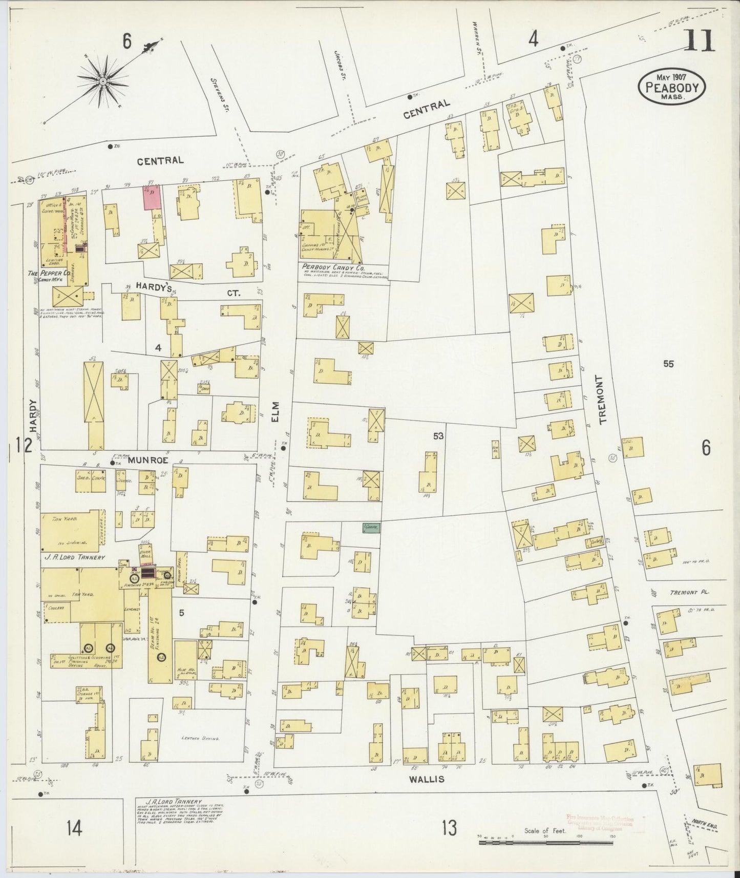 Sanborn Fire Insurance Map from Peabody, Essex County, Massachusetts (1907), Sheet #0011 - Complete Map Set gallery image, historic Sanborn map, vintage wall art, Massachusetts Massachusetts