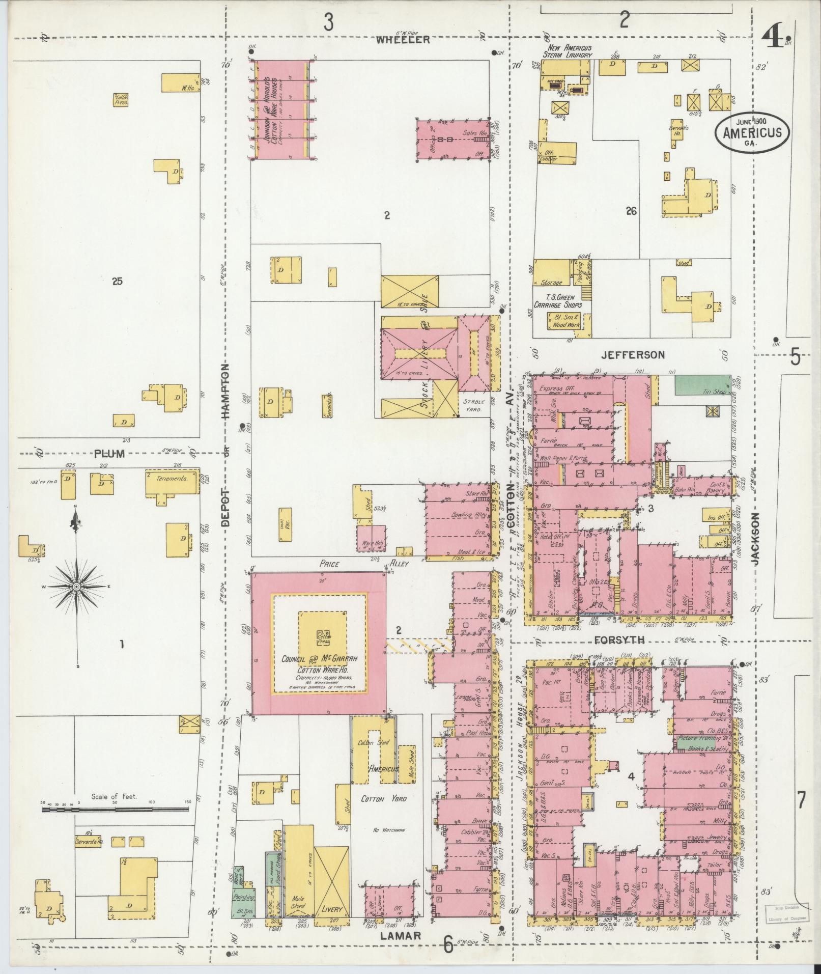 Sanborn Fire Insurance Map from Americus, Sumter County, Georgia (1900), Sheet #0004 - Complete Map Set gallery image, historic Sanborn map, vintage wall art, Georgia Georgia