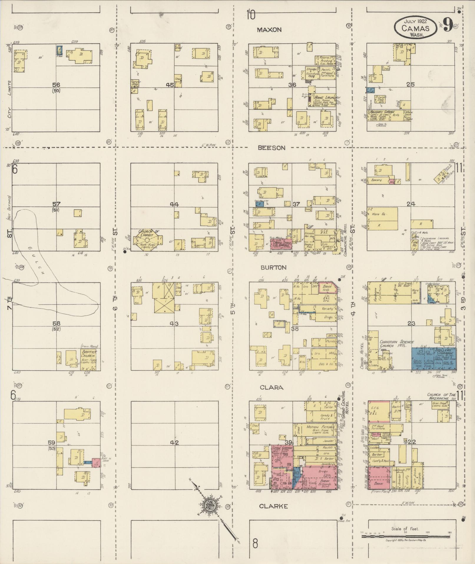 Sanborn Fire Insurance Map from Camas, Clark County, Washington (1922), Sheet #0009 - Complete Map Set gallery image, historic Sanborn map, vintage wall art, Washington Washington