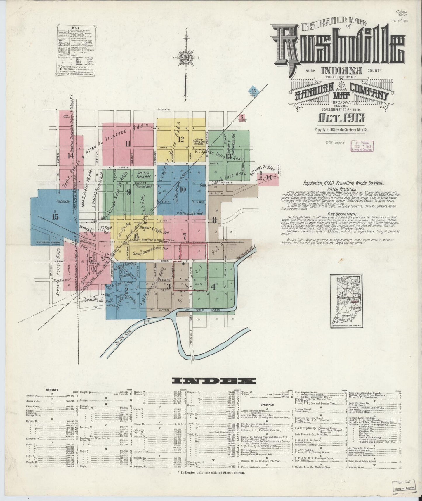 Sanborn Fire Insurance Map from Rushville, Rush County, Indiana (1913), Sheet #0001 - Historic Sanborn Fire Insurance Map Print, vintage old map wall art, antique decor, genealogy gift, Indiana Indiana map