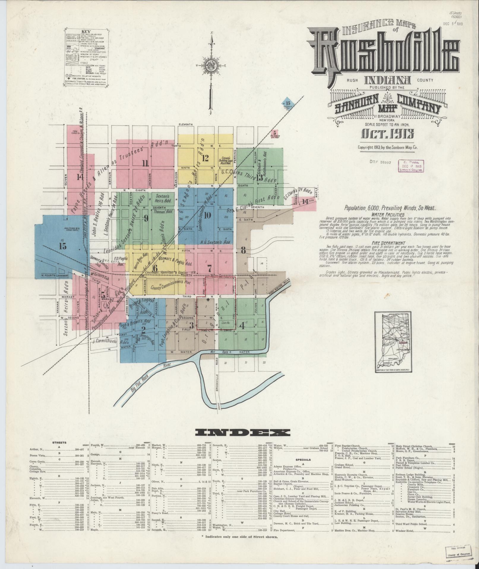 Sanborn Fire Insurance Map from Rushville, Rush County, Indiana (1913), Sheet #0001 - Historic Sanborn Fire Insurance Map Print, vintage old map wall art, antique decor, genealogy gift, Indiana Indiana map