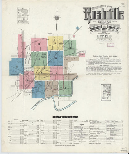 Sanborn Fire Insurance Map from Rushville, Rush County, Indiana (1913), Sheet #0001 - Historic Sanborn Fire Insurance Map Print, vintage old map wall art, antique decor, genealogy gift, Indiana Indiana map