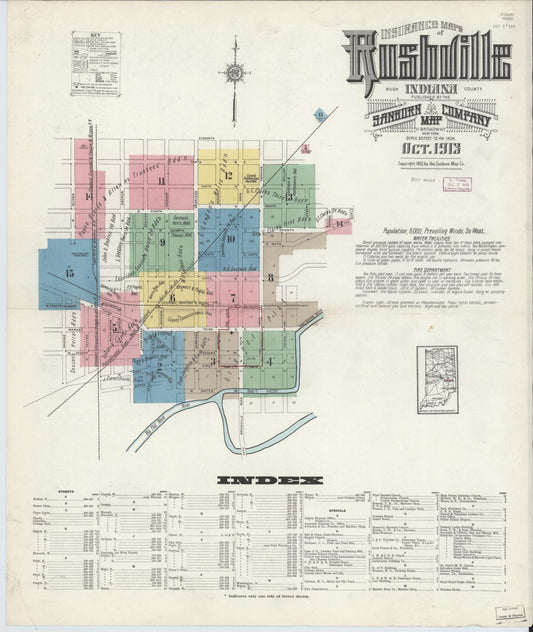 Sanborn Fire Insurance Map from Rushville, Rush County, Indiana (1913), Sheet #0001 - Historic Sanborn Fire Insurance Map Print, vintage old map wall art, antique decor, genealogy gift, Indiana Indiana map