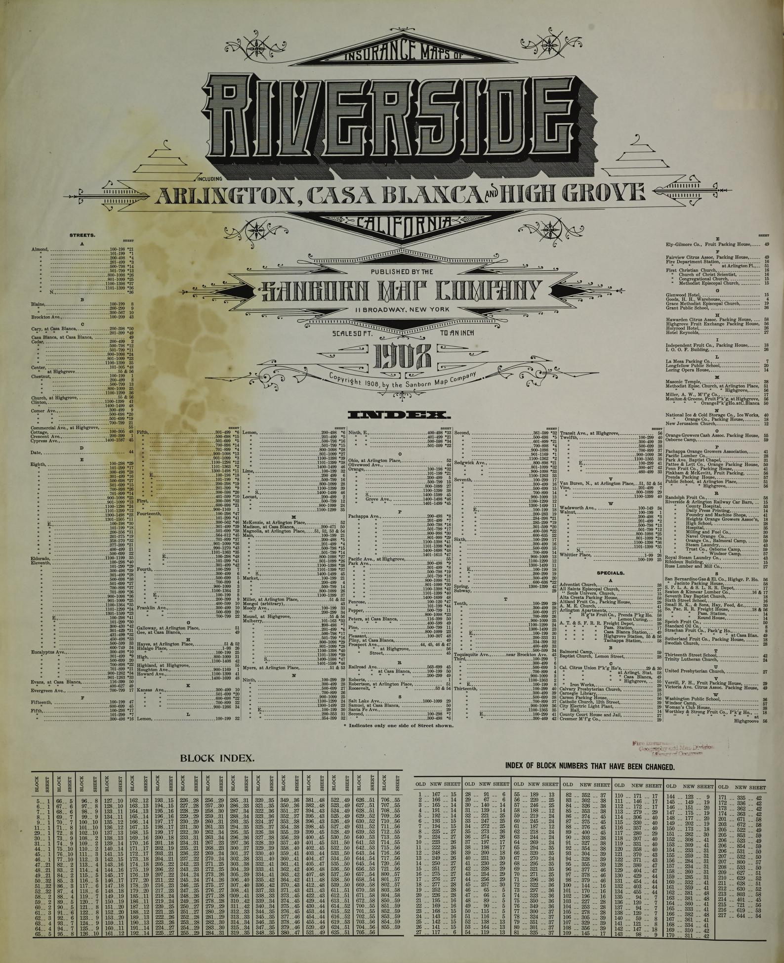 Sanborn Fire Insurance Map from Riverside, Riverside County, California. (1908) – Historic Sanborn Fire Insurance Map Print