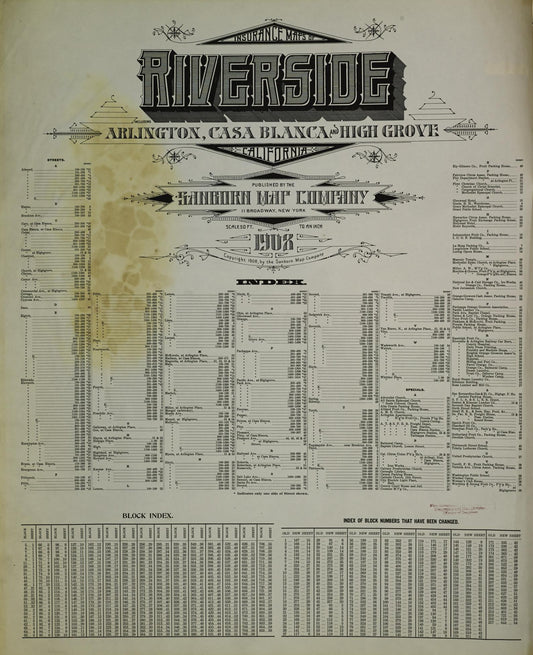 Sanborn Fire Insurance Map from Riverside, Riverside County, California. (1908) – Historic Sanborn Fire Insurance Map Print