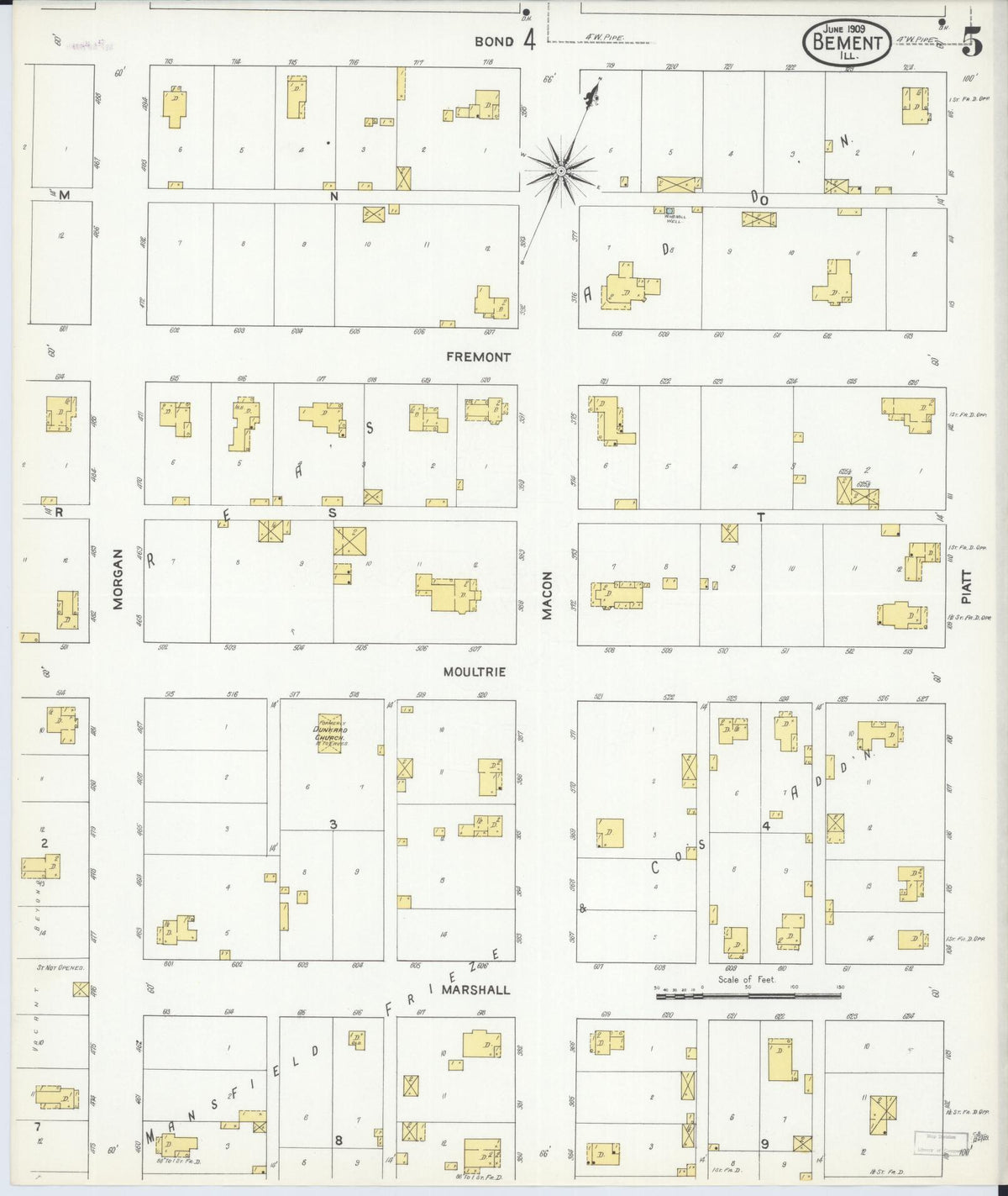 Sanborn Fire Insurance Map from Bement, Piatt County, Illinois (1909), Sheet #0005 - Complete Map Set gallery image, historic Sanborn map, vintage wall art, Illinois Illinois