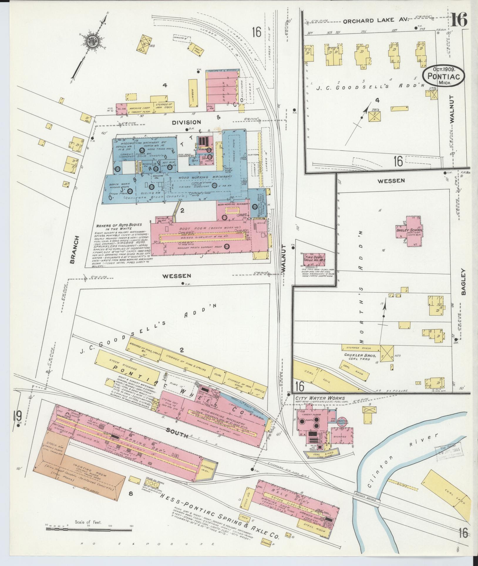 Sanborn Fire Insurance Map from Pontiac, Oakland County, Michigan (1909), Sheet #0016 - Historic Sanborn Fire Insurance Map Print, vintage old map wall art, antique decor, genealogy gift, Michigan Michigan map
