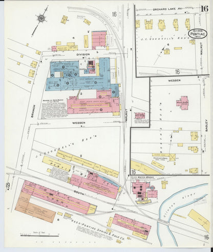 Sanborn Fire Insurance Map from Pontiac, Oakland County, Michigan (1909), Sheet #0016 - Historic Sanborn Fire Insurance Map Print, vintage old map wall art, antique decor, genealogy gift, Michigan Michigan map
