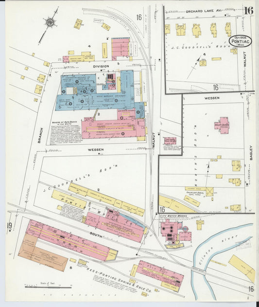 Sanborn Fire Insurance Map from Pontiac, Oakland County, Michigan (1909), Sheet #0016 - Historic Sanborn Fire Insurance Map Print, vintage old map wall art, antique decor, genealogy gift, Michigan Michigan map