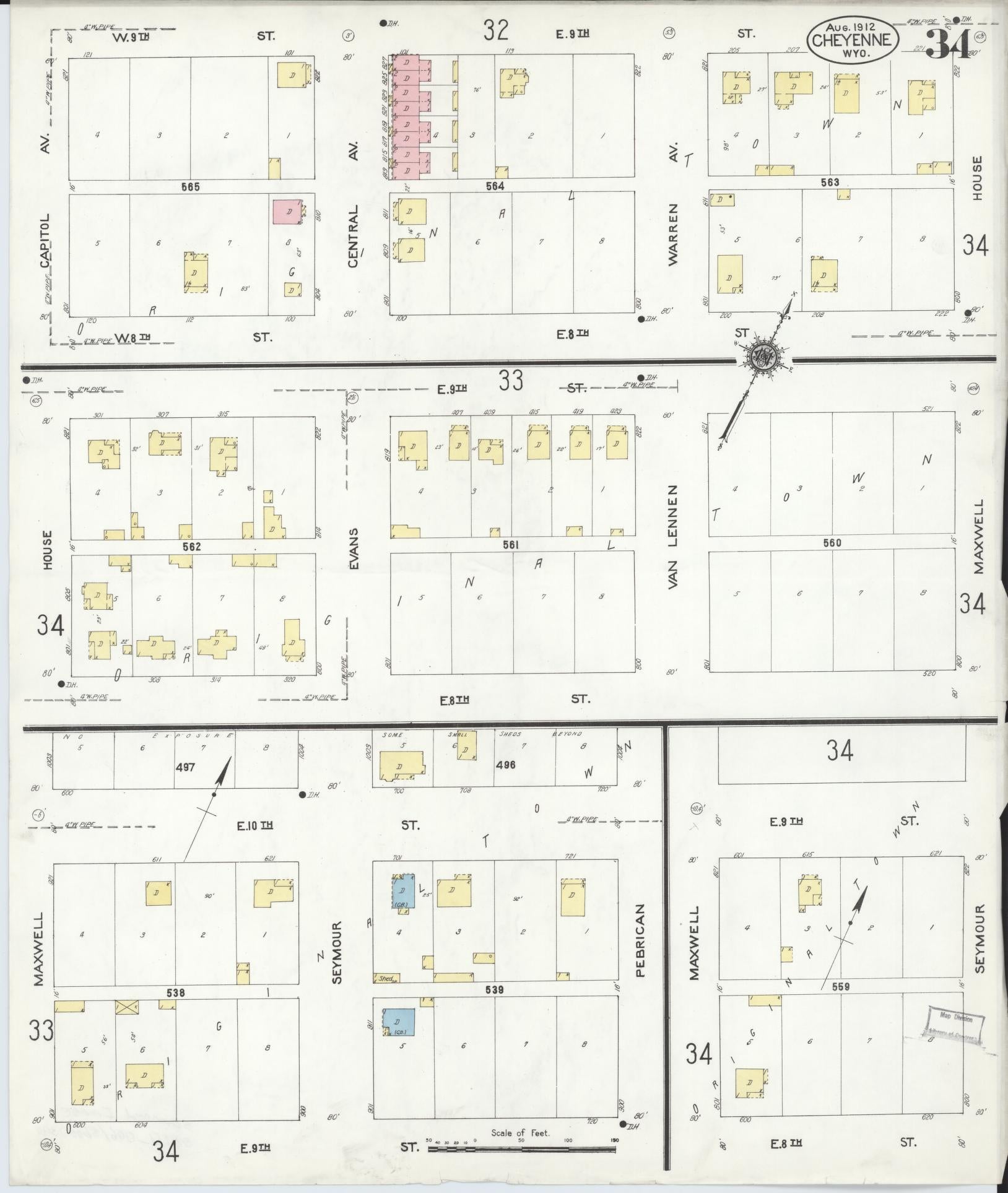 Sanborn Fire Insurance Map from Cheyenne, Laramie County, Wyoming (1912), Sheet #0034 - Complete Map Set gallery image, historic Sanborn map, vintage wall art, Wyoming Wyoming