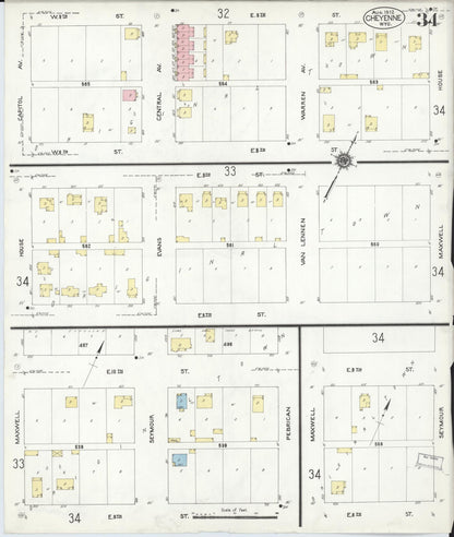 Sanborn Fire Insurance Map from Cheyenne, Laramie County, Wyoming (1912), Sheet #0034 - Complete Map Set gallery image, historic Sanborn map, vintage wall art, Wyoming Wyoming