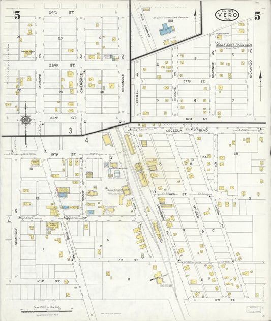 Sanborn Fire Insurance Map from Vero Beach, Indian River County, Florida (1923), Sheet #0005 - Historic Sanborn Fire Insurance Map Print, vintage old map wall art, antique decor, genealogy gift, Florida Florida map