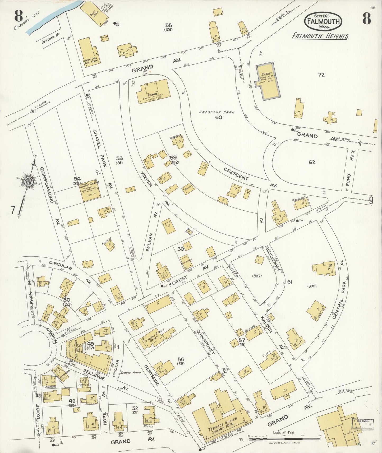 Sanborn Fire Insurance Map from Falmouth, Barnstable County, Massachusetts (1923), Sheet #0008 - Complete Map Set gallery image, historic Sanborn map, vintage wall art, Massachusetts Massachusetts