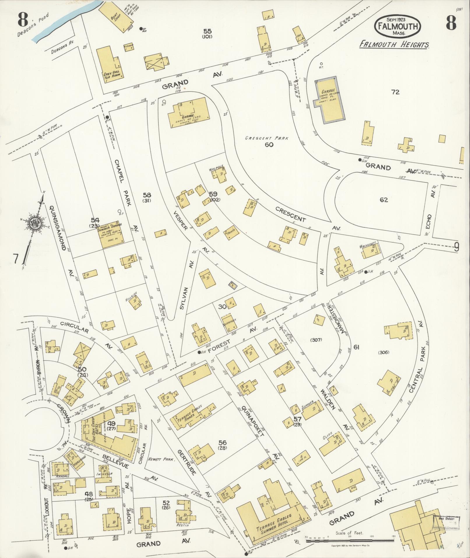 Sanborn Fire Insurance Map from Falmouth, Barnstable County, Massachusetts (1923), Sheet #0008 - Complete Map Set gallery image, historic Sanborn map, vintage wall art, Massachusetts Massachusetts