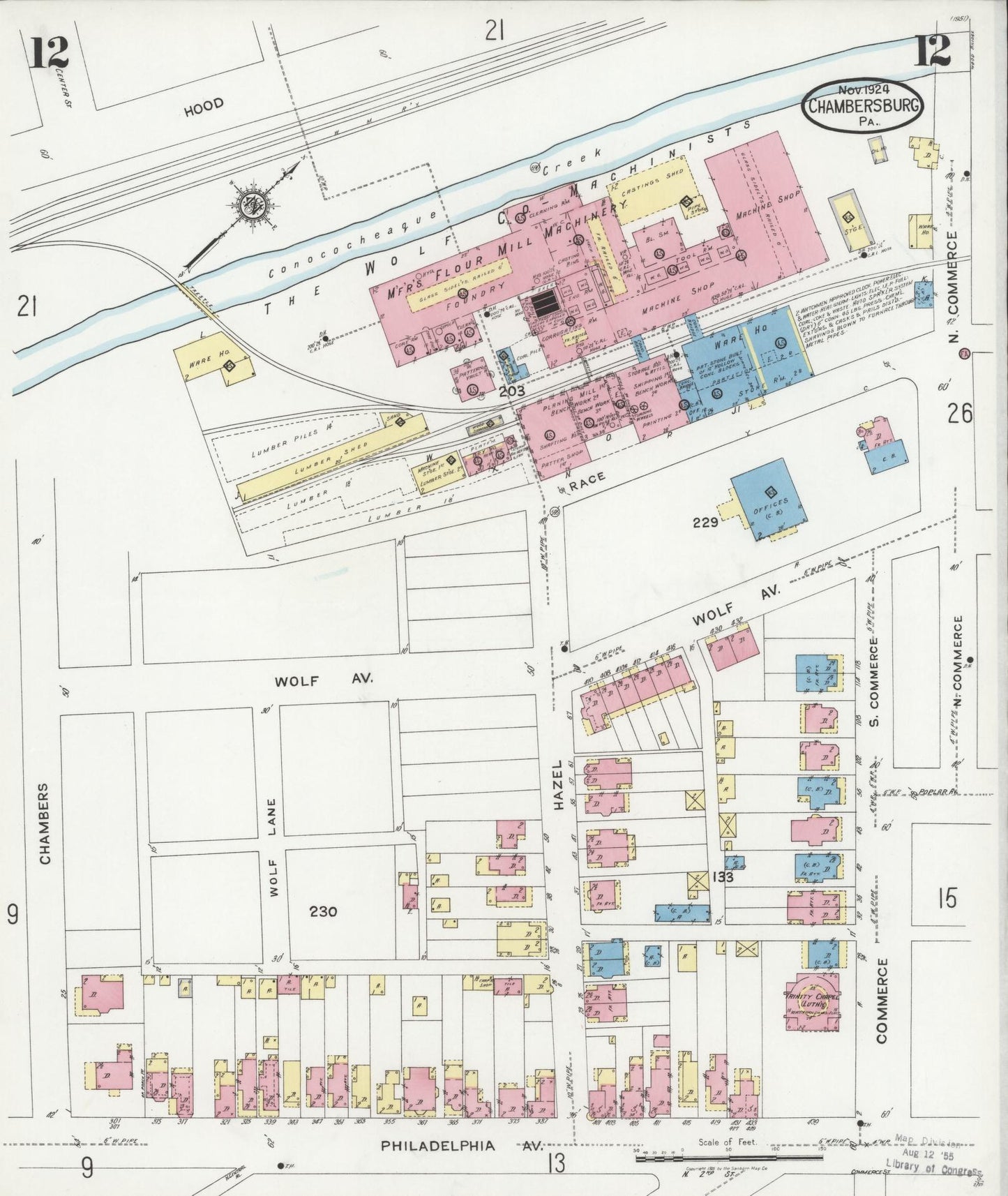Sanborn Fire Insurance Map from Chambersburg, Franklin County, Pennsylvania (1924), Sheet #0012 - Historic Sanborn Fire Insurance Map Print, vintage old map wall art, antique decor, genealogy gift, Pennsylvania Pennsylvania map