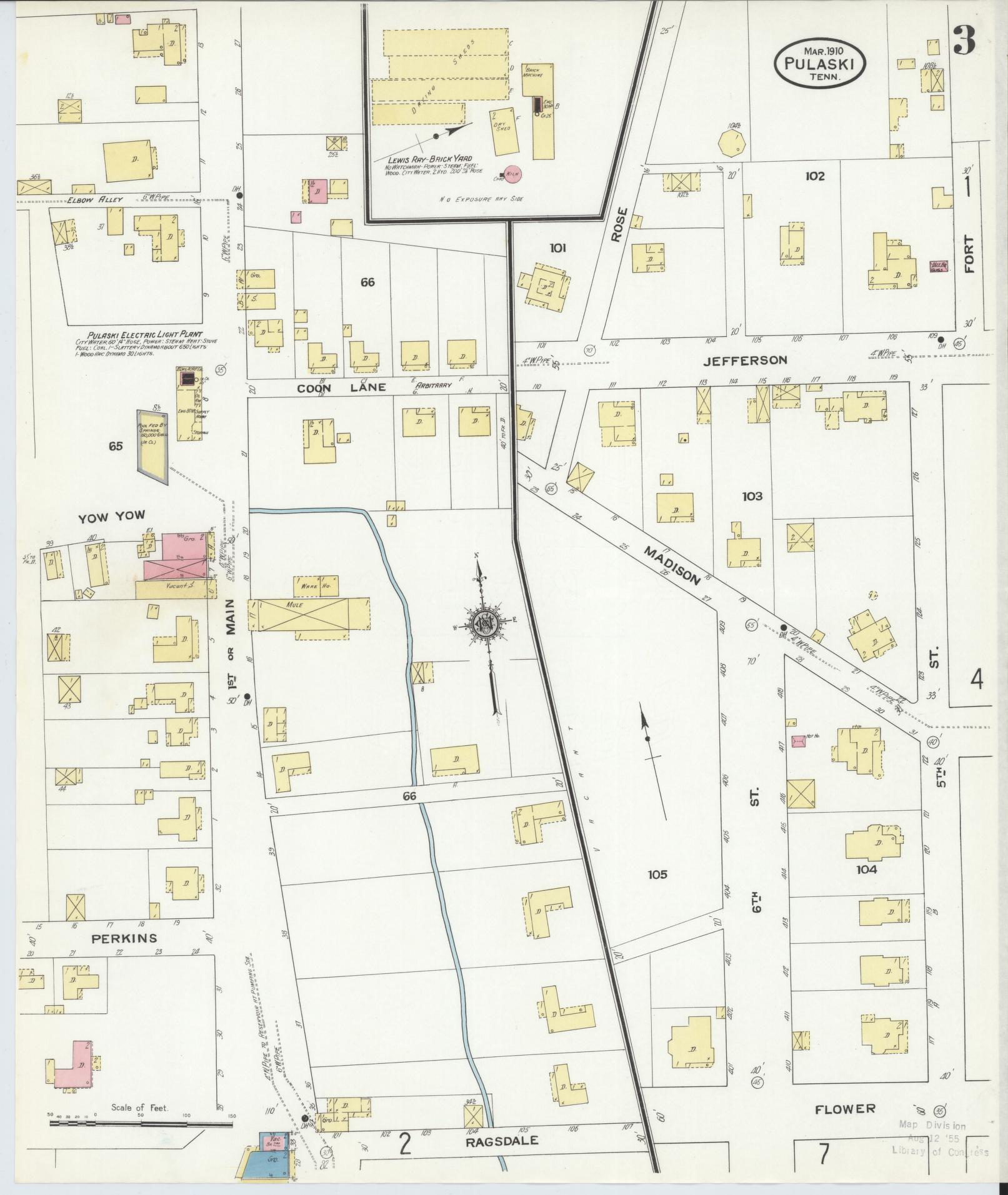 Sanborn Fire Insurance Map from Pulaski, Giles County, Tennessee (1910), Sheet #0003 - Complete Map Set gallery image, historic Sanborn map, vintage wall art, Tennessee Tennessee