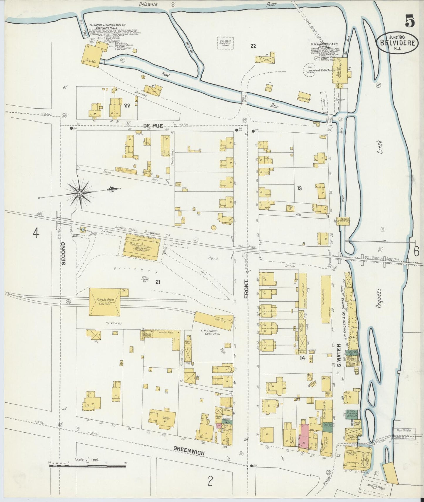 Sanborn Fire Insurance Map from Belvidere, Warren County, New Jersey (1903), Sheet #0005 - Historic Sanborn Fire Insurance Map Print, vintage old map wall art, antique decor, genealogy gift, Pennsylvania Pennsylvania map