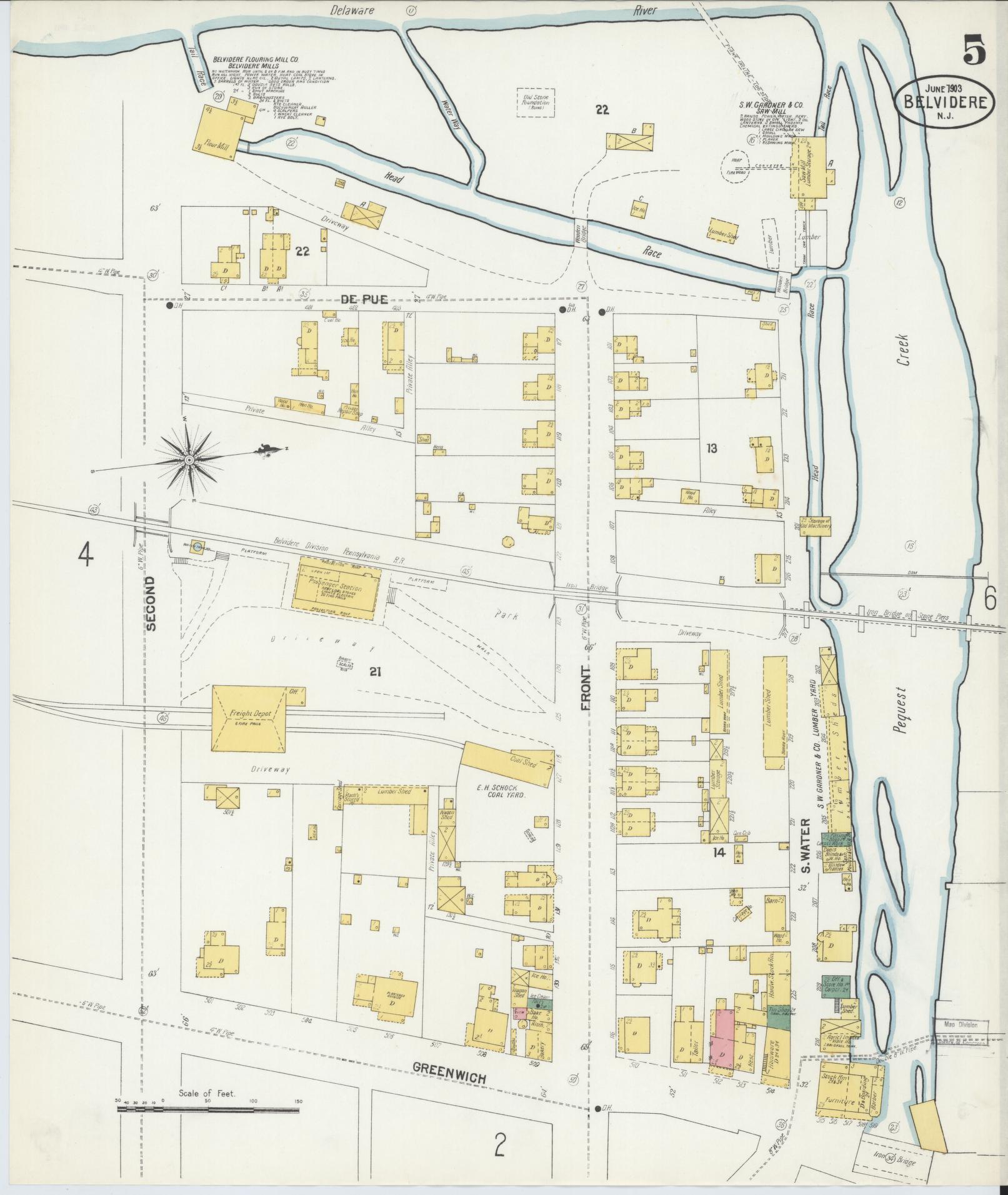 Sanborn Fire Insurance Map from Belvidere, Warren County, New Jersey (1903), Sheet #0005 - Historic Sanborn Fire Insurance Map Print, vintage old map wall art, antique decor, genealogy gift, Pennsylvania Pennsylvania map
