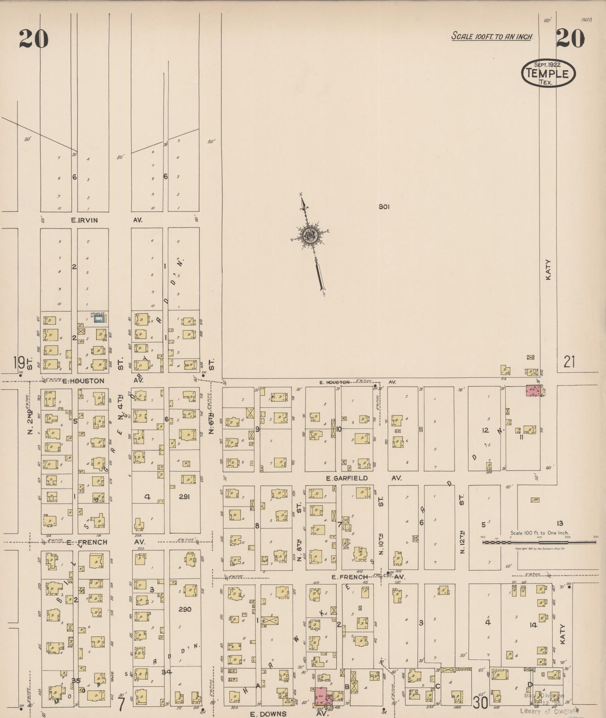 Sanborn Fire Insurance Map from Temple, Bell County, Texas (1922), Sheet #0020 - Historic Sanborn Fire Insurance Map Print, vintage old map wall art, antique decor, genealogy gift, Texas Texas map