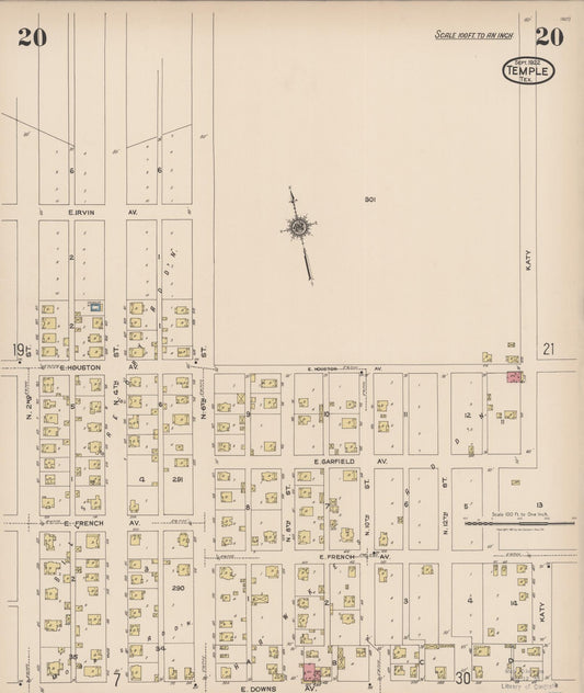 Sanborn Fire Insurance Map from Temple, Bell County, Texas (1922), Sheet #0020 - Historic Sanborn Fire Insurance Map Print, vintage old map wall art, antique decor, genealogy gift, Texas Texas map