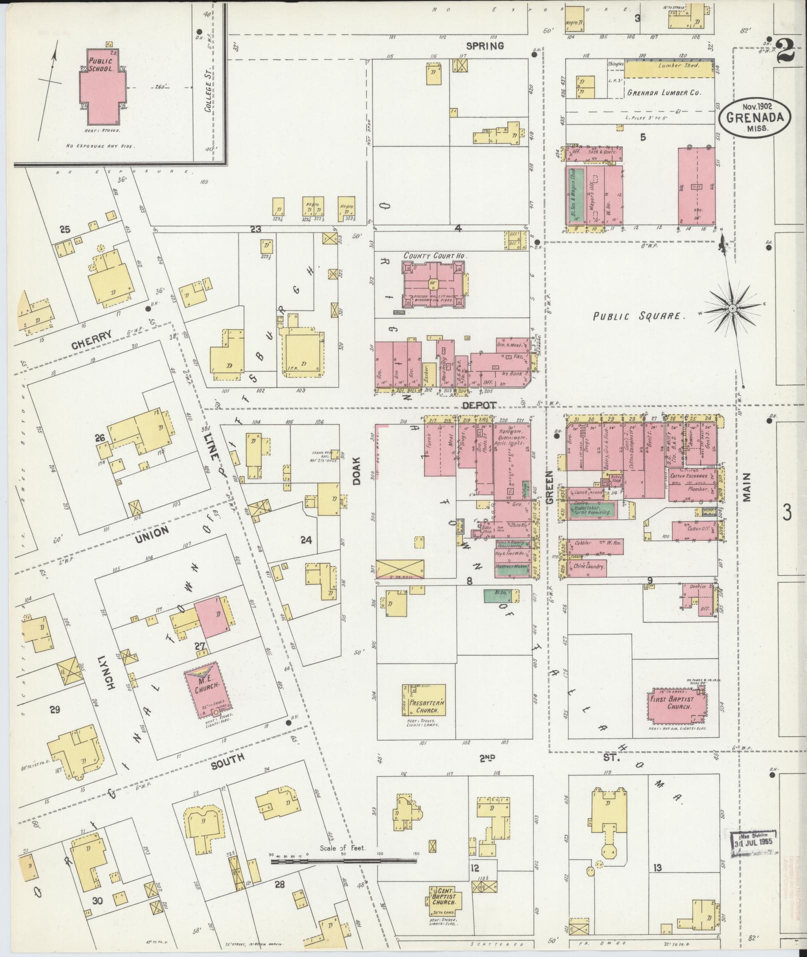 Sanborn Fire Insurance Map from Grenada, Grenada County, Mississippi (1902), Sheet #0002 - Historic Sanborn Fire Insurance Map Print, vintage old map wall art, antique decor, genealogy gift, Mississippi Mississippi map
