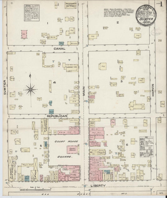 Sanborn Fire Insurance Map from Sumter, Sumter County, South Carolina (1884), Sheet #0001 - Complete Map Set gallery image, historic Sanborn map, vintage wall art, South Carolina South Carolina