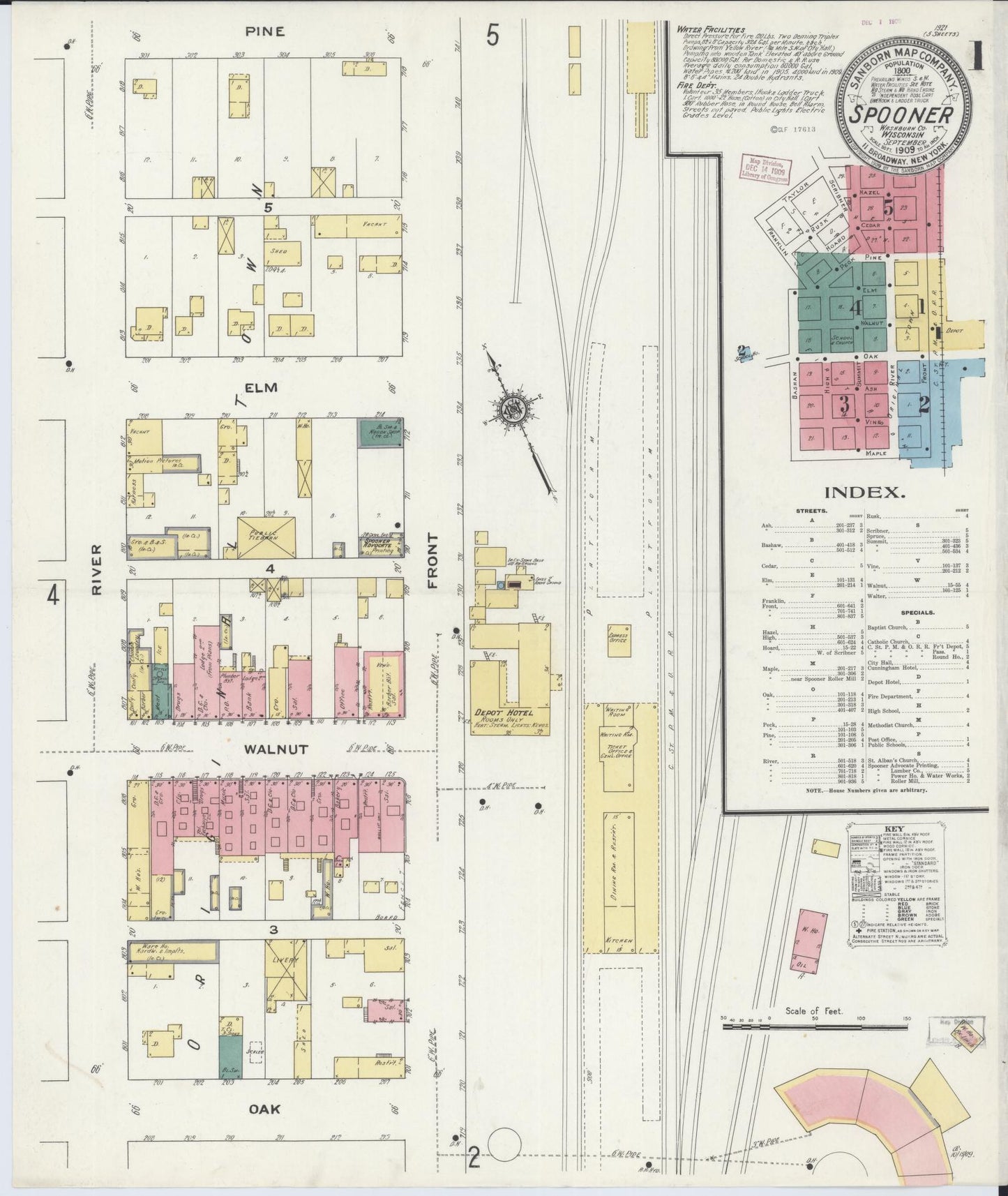 Sanborn Fire Insurance Map from Spooner, Washburn County, Wisconsin (1909), Sheet #0001 - Historic Sanborn Fire Insurance Map Print, vintage old map wall art, antique decor, genealogy gift, Wisconsin Wisconsin map