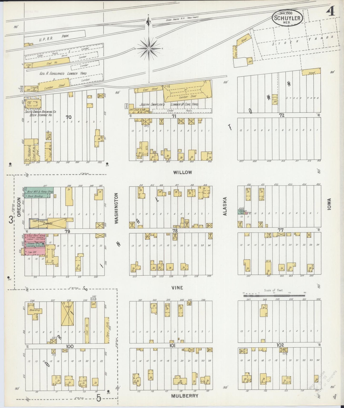 Sanborn Fire Insurance Map from Schuyler, Colfax County, Nebraska (1900), Sheet #0004 - Historic Sanborn Fire Insurance Map Print, vintage old map wall art, antique decor, genealogy gift, Nebraska Nebraska map
