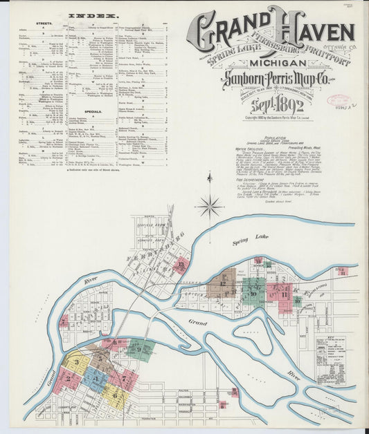 Sanborn Fire Insurance Map from Grand Haven, Ottawa County, Michigan (1892), Sheet #0001 - Historic Sanborn Fire Insurance Map Print, vintage old map wall art, antique decor, genealogy gift, Michigan Michigan map
