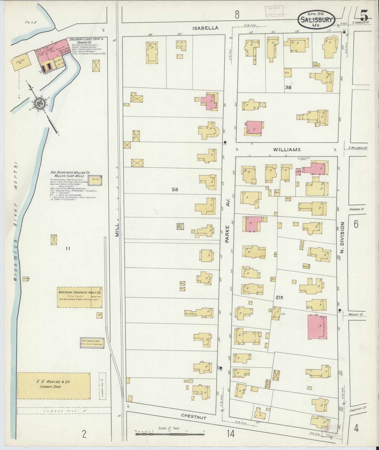 Sanborn Fire Insurance Map from Salisbury, Wicomico County, Maryland (1916), Sheet #0005 - Historic Sanborn Fire Insurance Map Print, vintage old map wall art