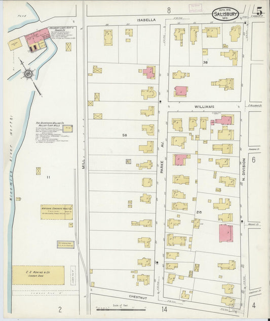 Sanborn Fire Insurance Map from Salisbury, Wicomico County, Maryland (1916), Sheet #0005 - Historic Sanborn Fire Insurance Map Print, vintage old map wall art