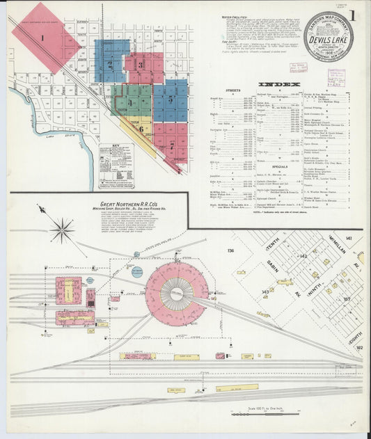 Sanborn Fire Insurance Map from Devils Lake, Ramsey County, North Dakota (1908), Sheet #0001 - Complete Map Set gallery image, historic Sanborn map, vintage wall art, North Dakota North Dakota