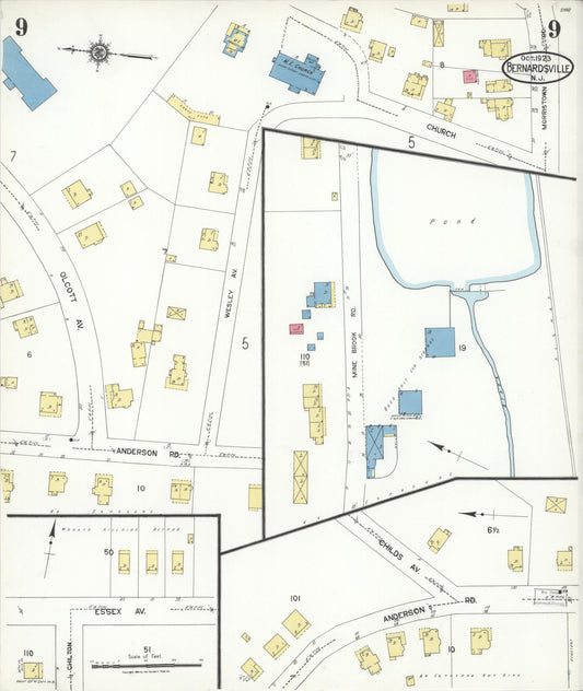 Sanborn Fire Insurance Map from Bernardsville, Somerset County, New Jersey (1923), Sheet #0009 - Historic Sanborn Fire Insurance Map Print, vintage old map wall art, antique decor, genealogy gift, New Jersey New Jersey map