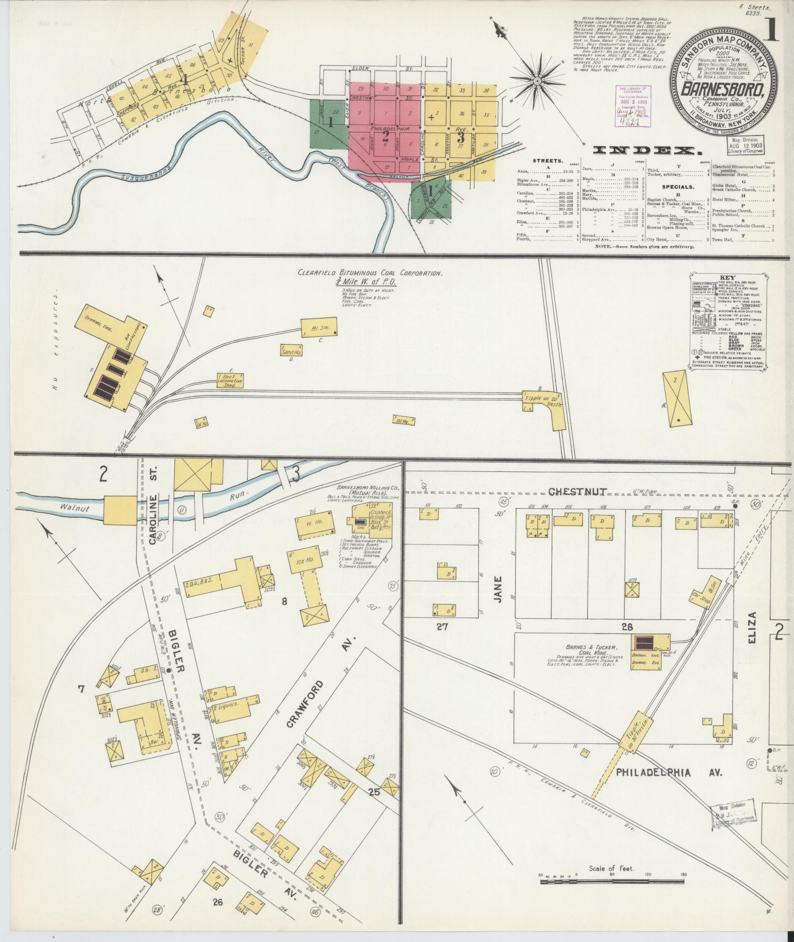 Sanborn Fire Insurance Map from Barnesboro, Cambria County, Pennsylvania (1903), Sheet #0001 - Historic Sanborn Fire Insurance Map Print, vintage old map wall art, antique decor, genealogy gift, Pennsylvania Pennsylvania map