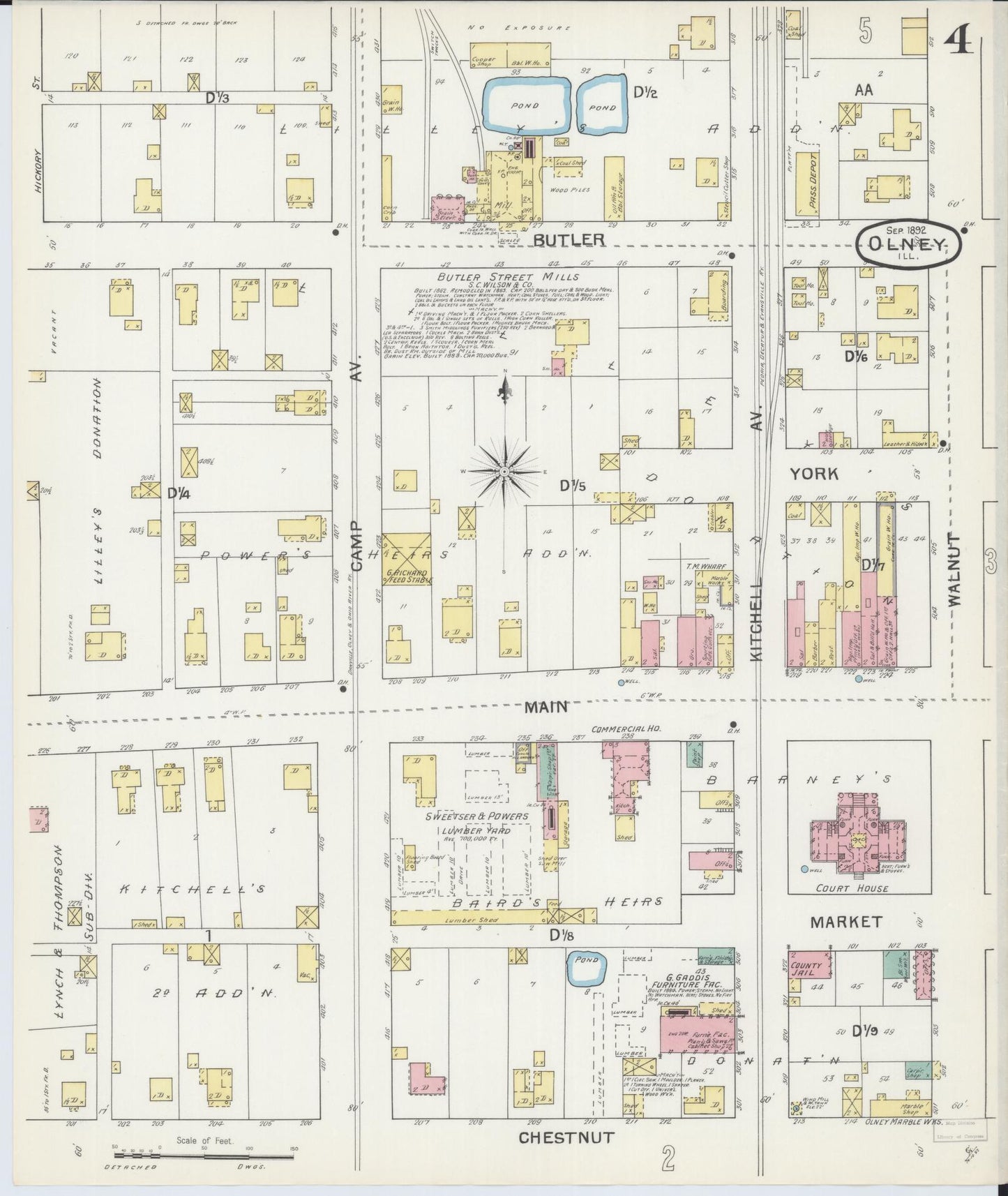 Sanborn Fire Insurance Map from Olney, Richland County, Illinois (1892), Sheet #0004 - Complete Map Set gallery image, historic Sanborn map, vintage wall art, Illinois Illinois