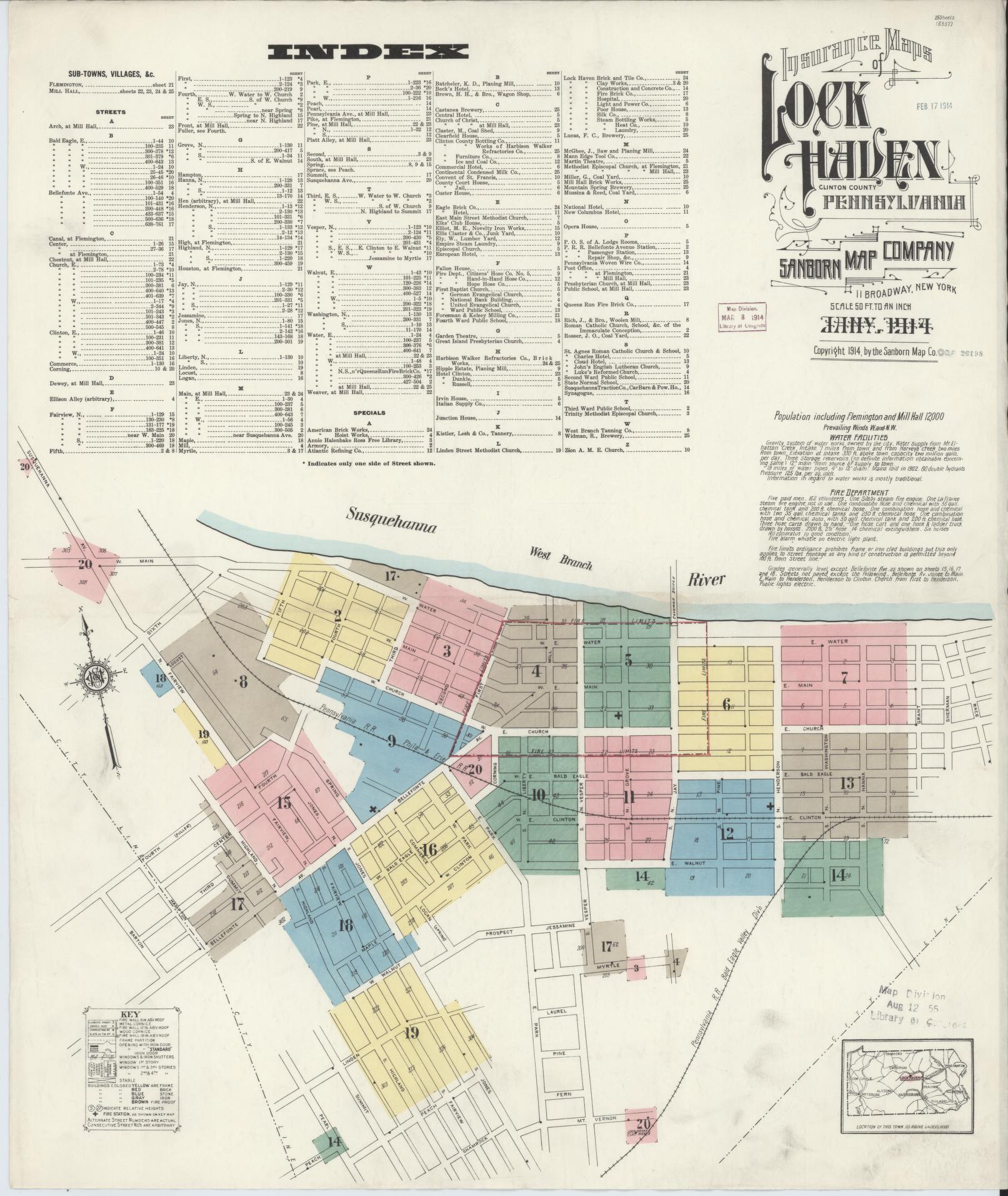 Sanborn Fire Insurance Map from Lock Haven, Clinton County, Pennsylvania (1914), Sheet #0001 - Complete Map Set gallery image, historic Sanborn map, vintage wall art, Pennsylvania Pennsylvania
