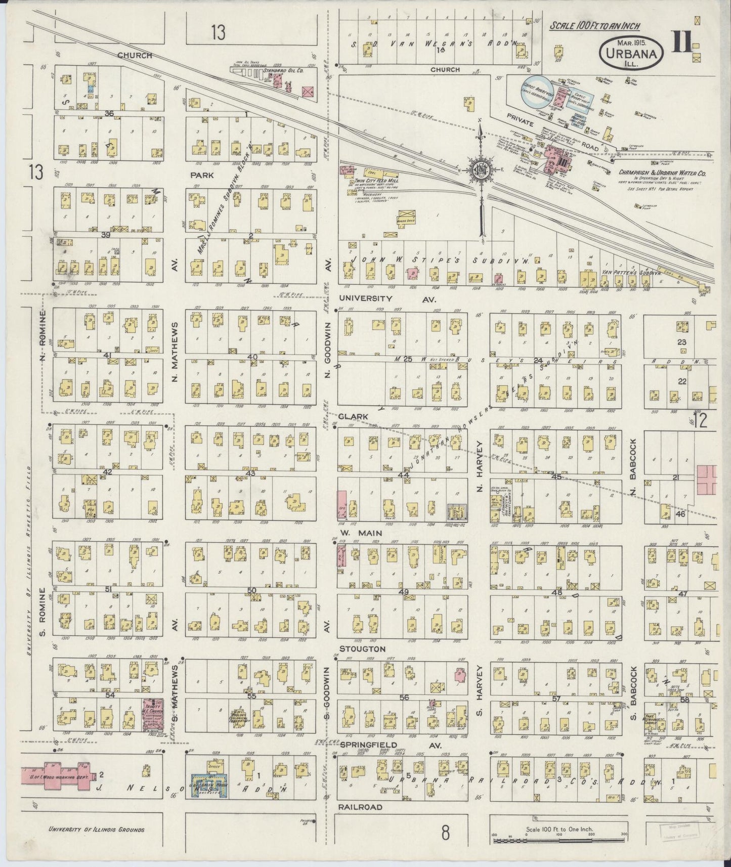 Sanborn Fire Insurance Map from Urbana, Champaign County, Illinois (1915), Sheet #0011 - Complete Map Set gallery image, historic Sanborn map, vintage wall art, Illinois Illinois