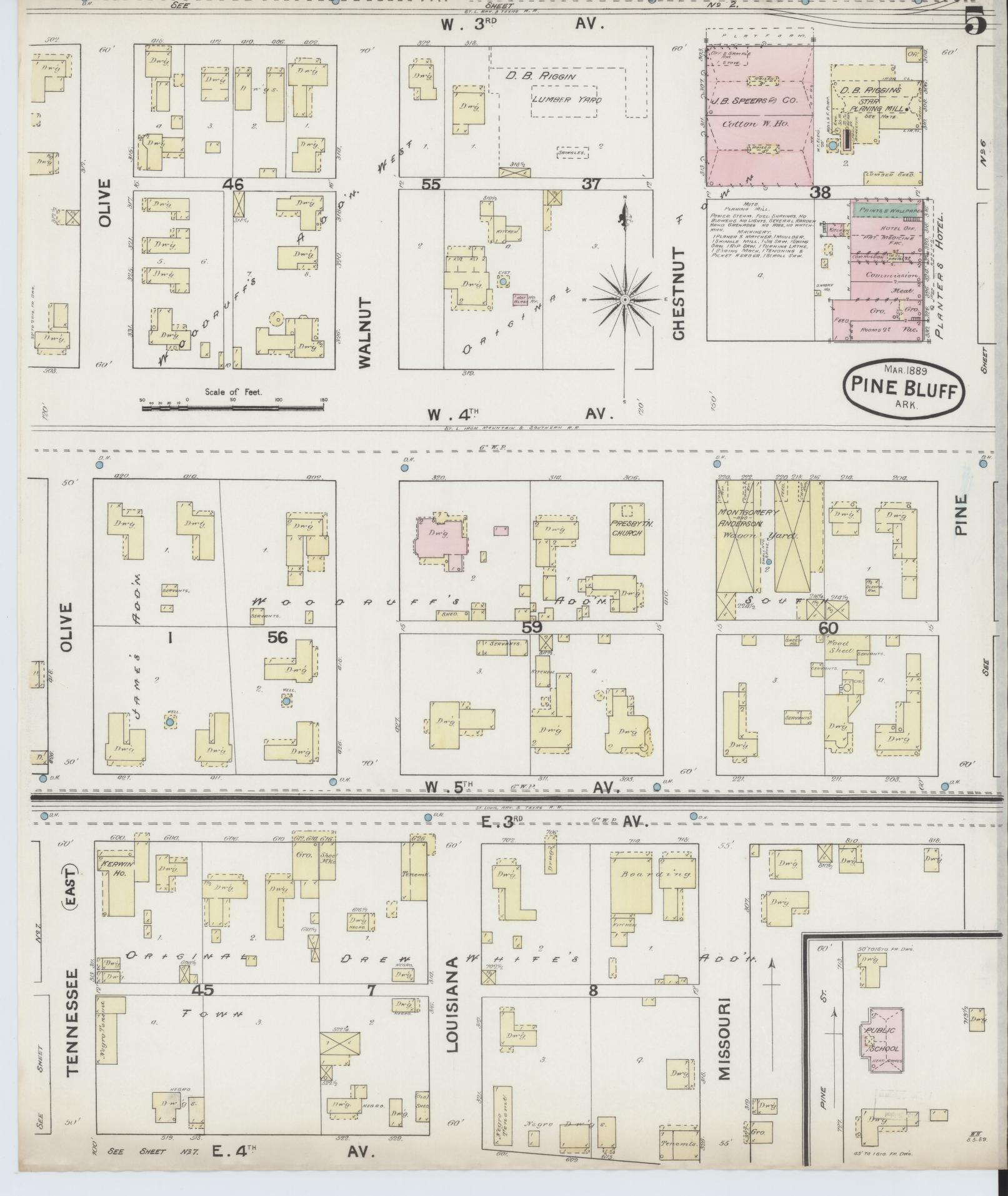 Sanborn Fire Insurance Map from Pine Bluff, Jefferson County, Arkansas (1889), Sheet #0005 - Historic Sanborn Fire Insurance Map Print, vintage old map wall art, antique decor, genealogy gift, Arkansas Arkansas map